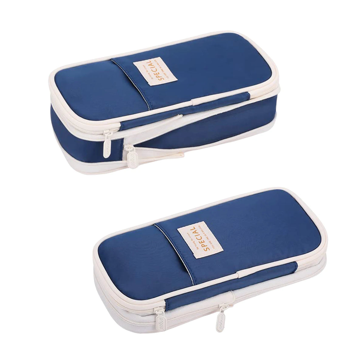 A navy blue pencil case with a white trim and a small tag is shown from above.