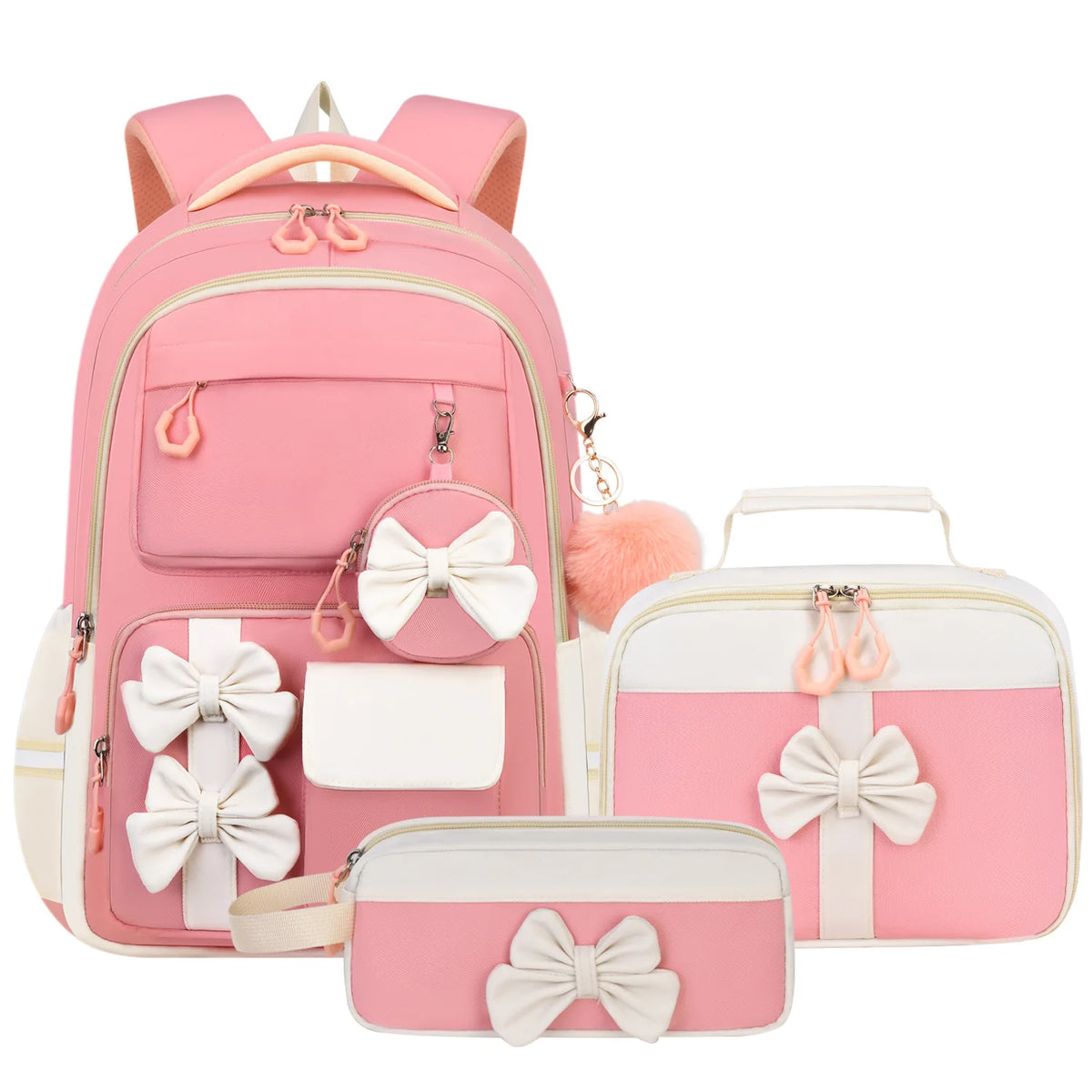A pink and white nylon school backpack set for girls featuring a main backpack and a matching smaller bag.