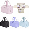 Un set de bolsas de tocador para viajar, resistentes al agua, en rosa, beige, púrpura y azul claro.