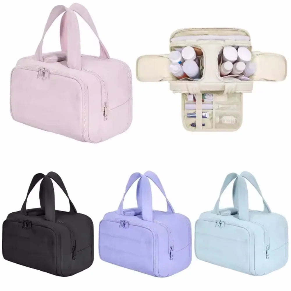 Un set de bolsas de tocador para viajar, resistentes al agua, en rosa, beige, púrpura y azul claro.