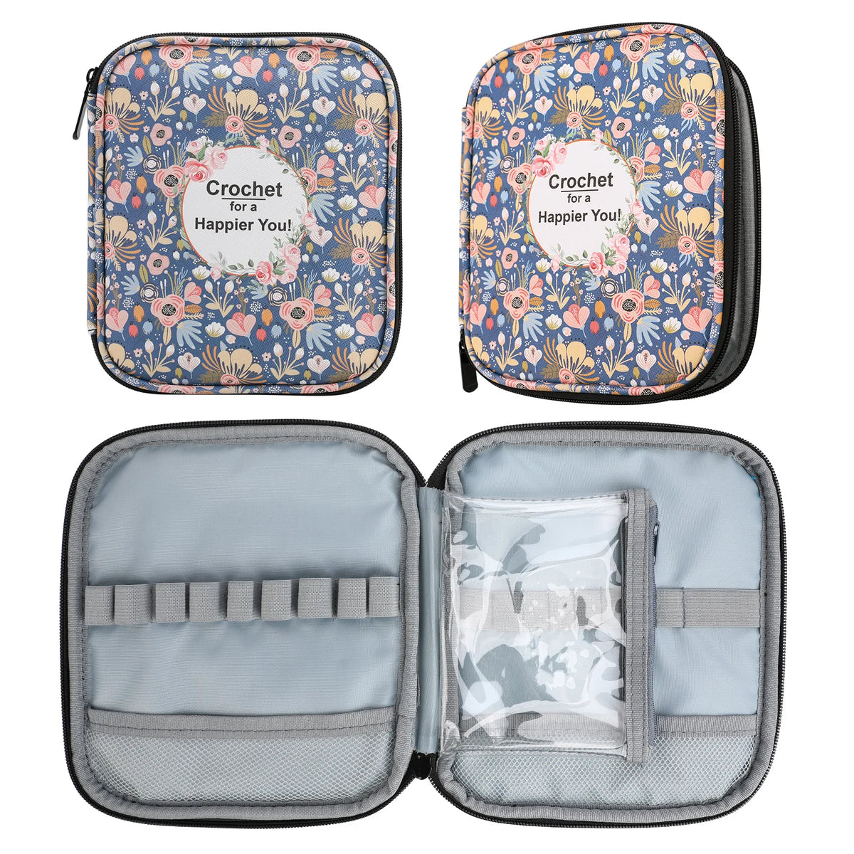 A light green crochet hook and sewing accessories storage bag shown in three views.
