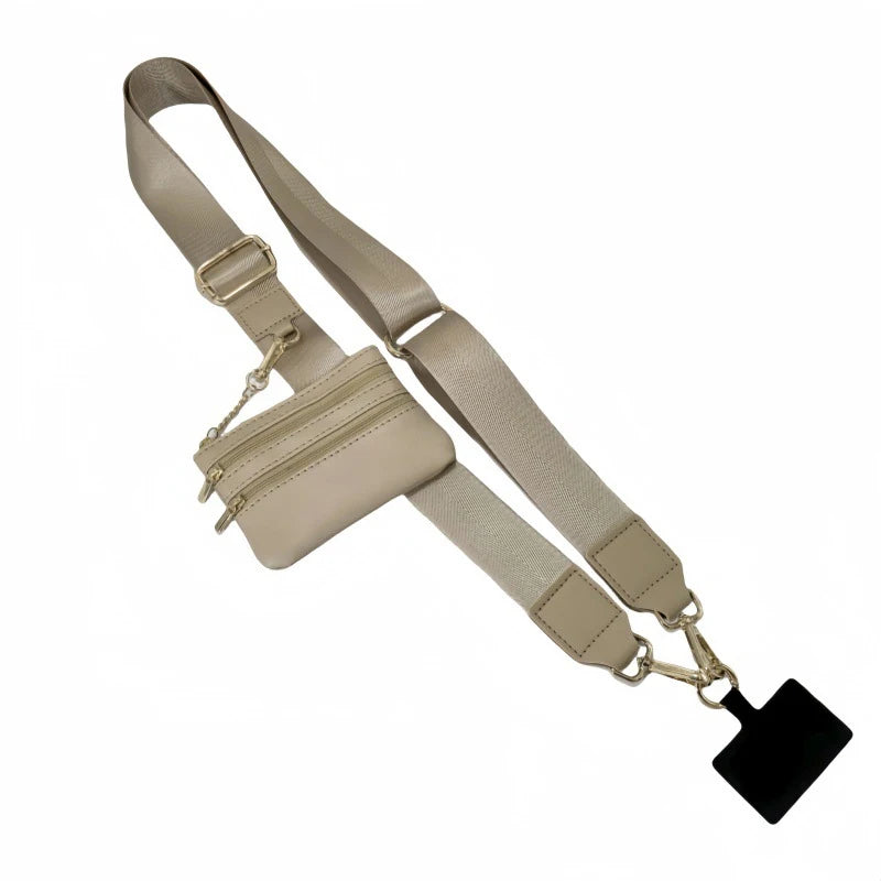A beige hands-free phone lanyard with a detachable leather wallet and black clip.