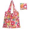 A pink floral reusable shopping tote bag with a colorful pattern shown in a vertical orientation and a square version.
