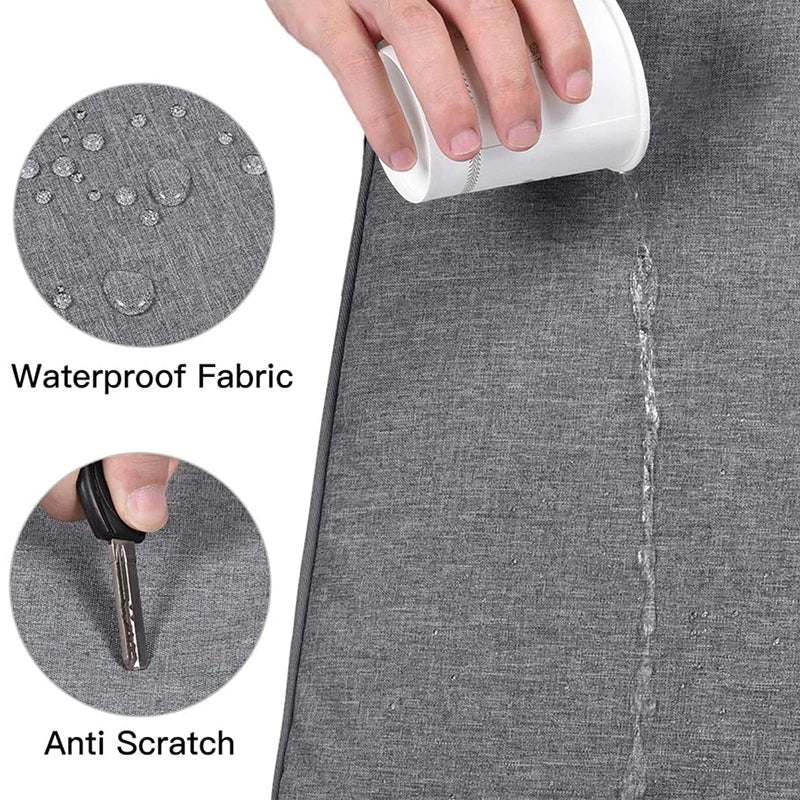 A hand is holding a white cup over a gray waterproof fabric laptop sleeve featuring anti-scratch protection.