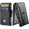A black slim minimalist men's wallet with a textured finish showing various cards and cash inside.