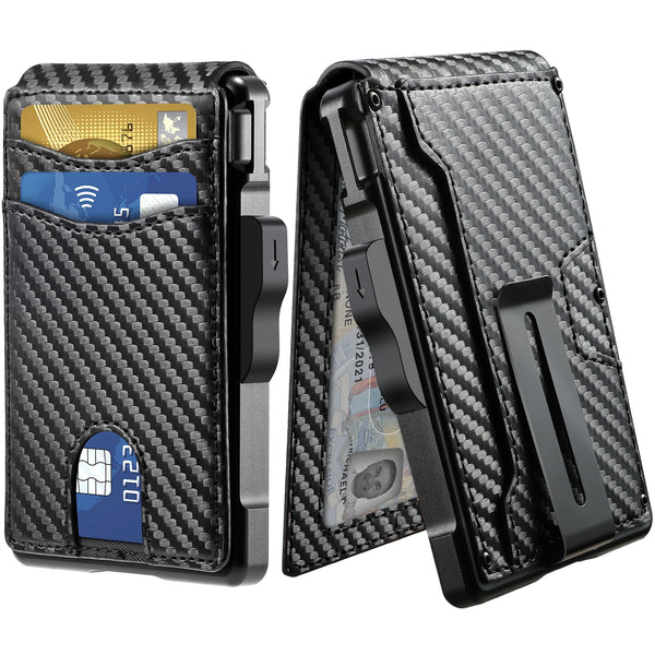 A black slim minimalist men's wallet with a textured finish showing various cards and cash inside.