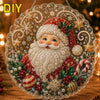A decorative Christmas wreath made of clear glass and glitter, featuring a bearded Santa face and holly details.