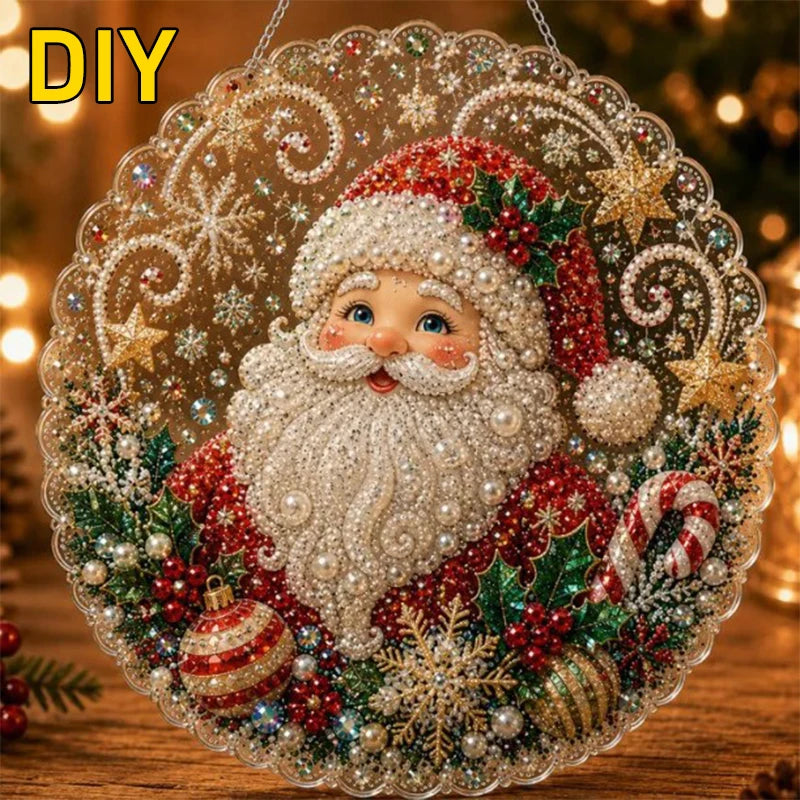 A decorative Christmas wreath made of clear glass and glitter, featuring a bearded Santa face and holly details.