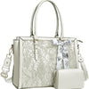 A light beige vintage PU leather laptop tote bag featuring a floral print and a matching scarf.