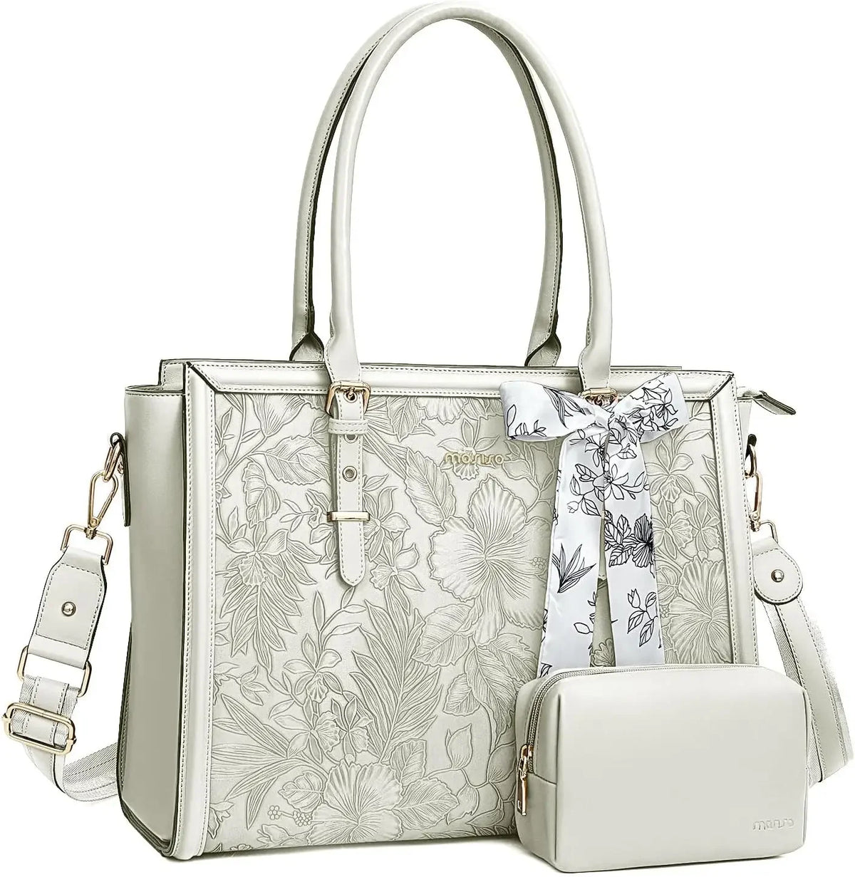 A light beige vintage PU leather laptop tote bag featuring a floral print and a matching scarf.