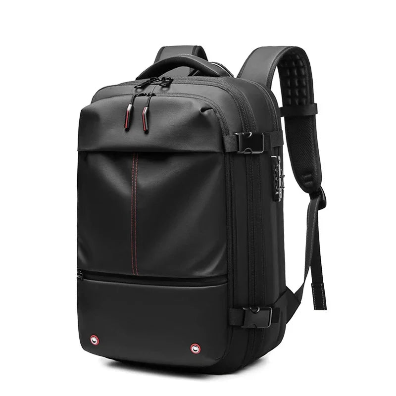 Black heavy duty laptop backpack with vacuum compression features and adjustable straps