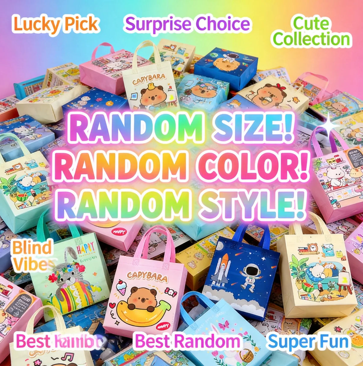 A collection of colorful and patterned reusable shopping bags in various sizes and styles for a cute collection