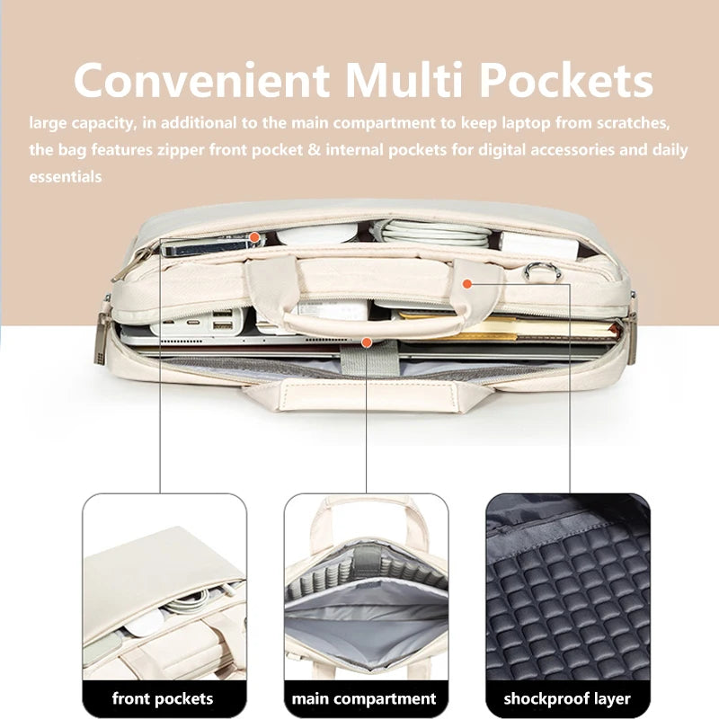 A beige laptop bag featuring multiple pockets including a main compartment, front pockets, and a shockproof layer.