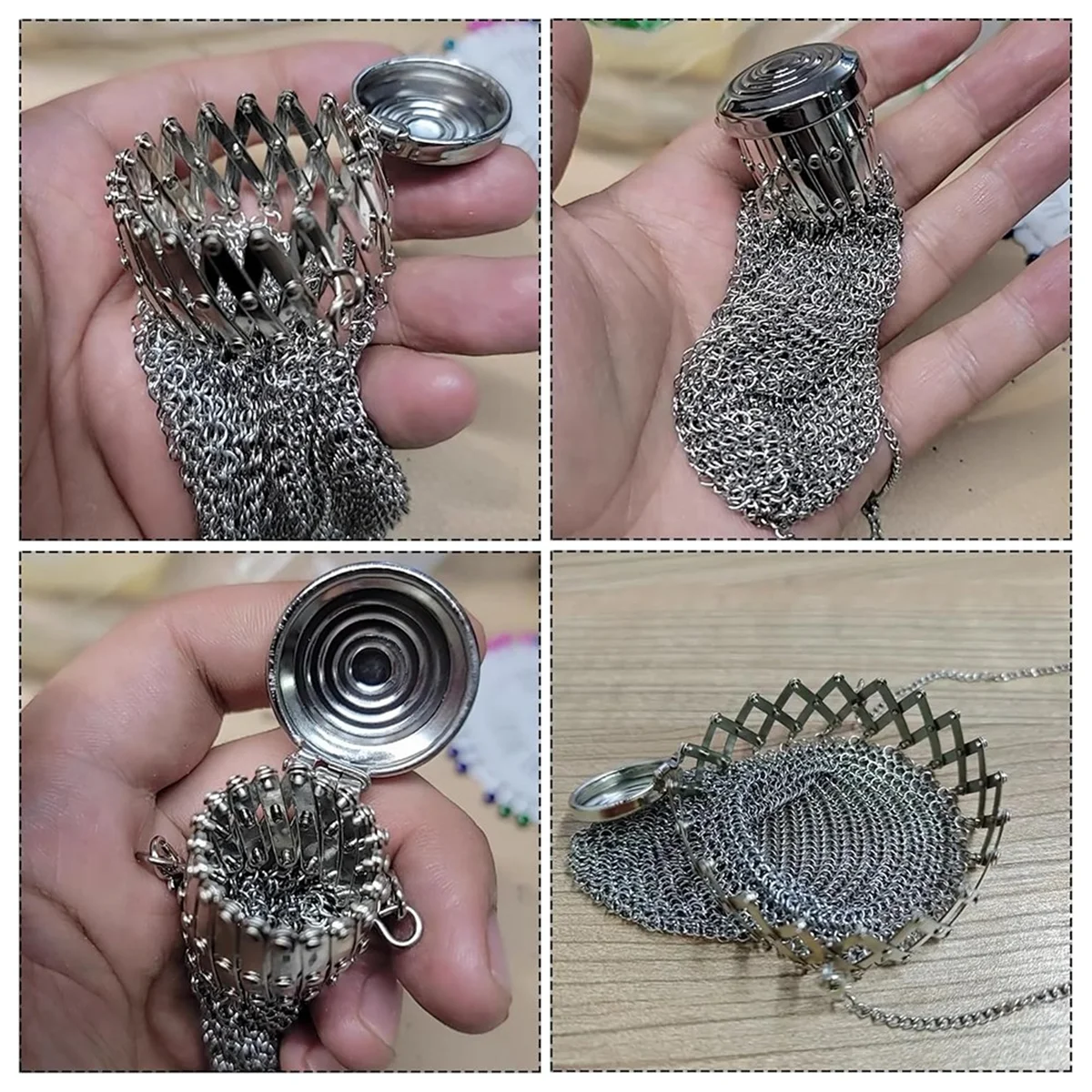 Silberne Vintage-Münztasche mit kunstvoller Metallarbeit und Kettendetails.