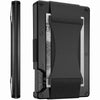 A black slim metal RFID protection card holder wallet with a protective strap and clear window.