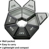 A black, hexagonal pill organizer divided into seven sections labeled MON, TUE, WED, THU, FRI, SAT, and SUN.