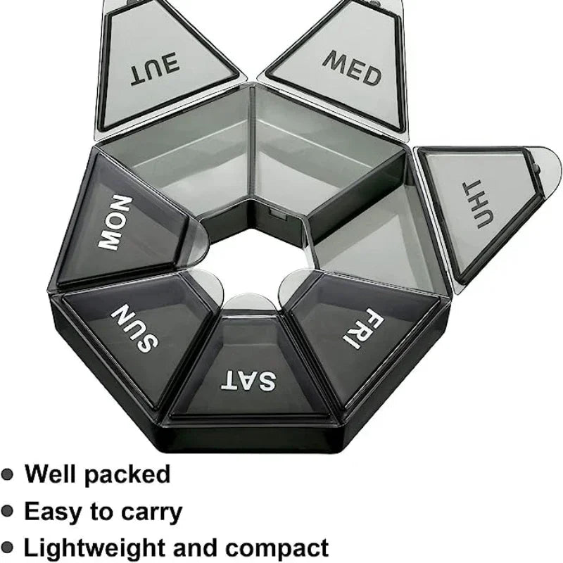 A black, hexagonal pill organizer divided into seven sections labeled MON, TUE, WED, THU, FRI, SAT, and SUN.