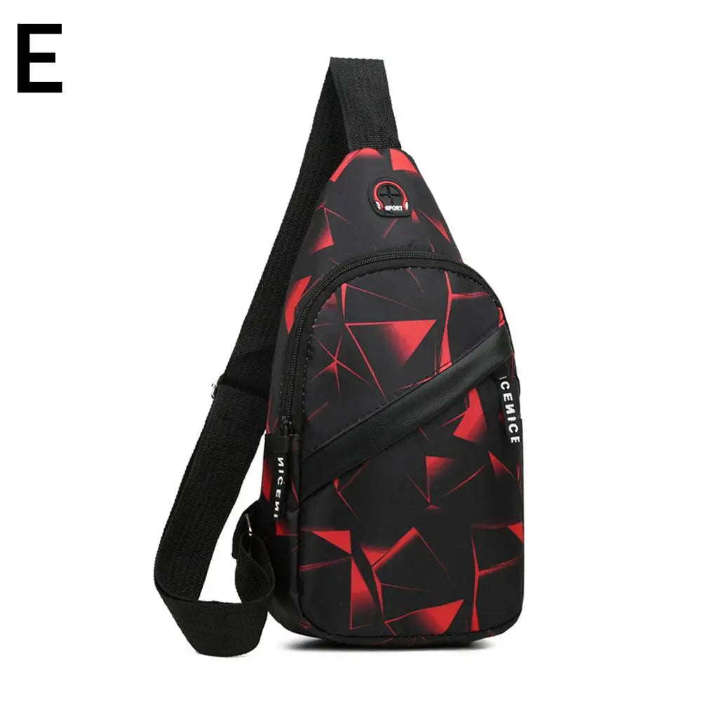 Black waterproof crossbody chest bag with a geometric red pattern and black strap