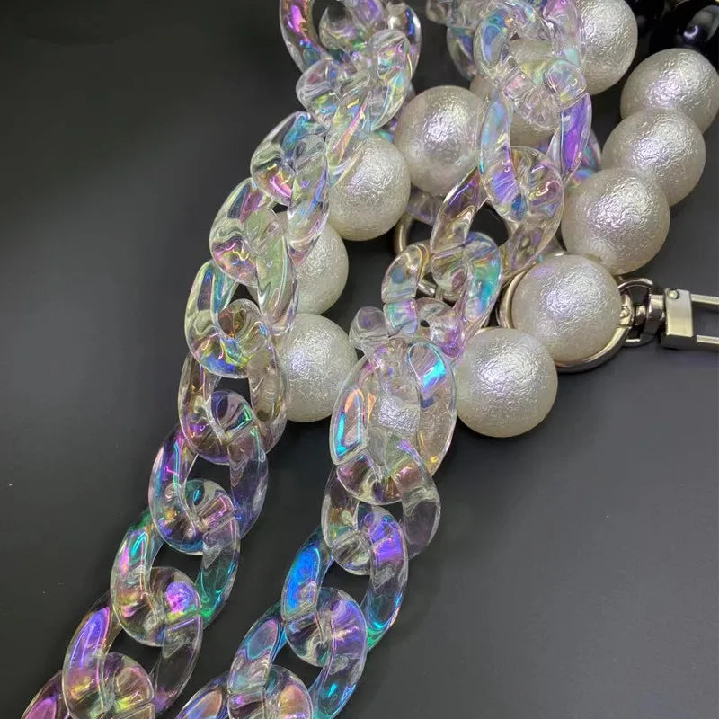 Iridescent acrylic chunky chain strap featuring clear and iridescent links and round, glittery beads.