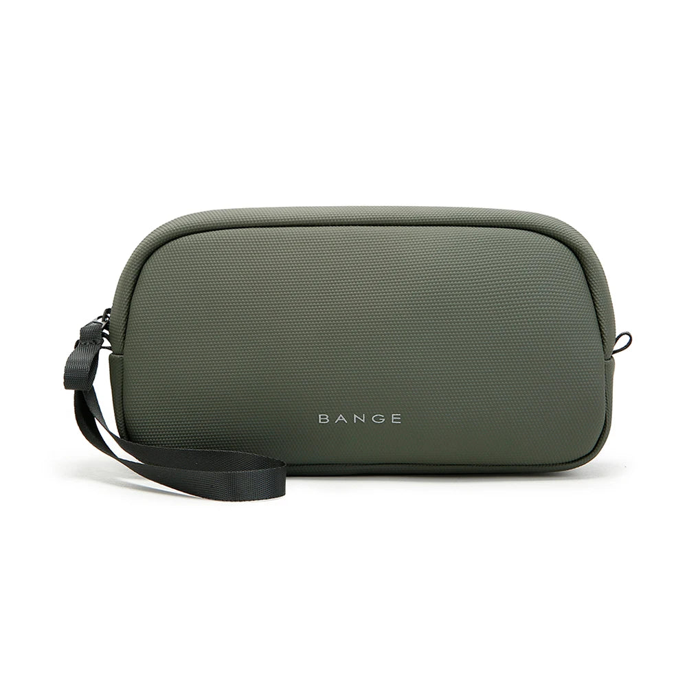 A dark olive green travel electronics organizer pouch with a black strap and the BANGE logo.