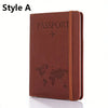 A brown leather passport holder with embossed world map and airplane design.