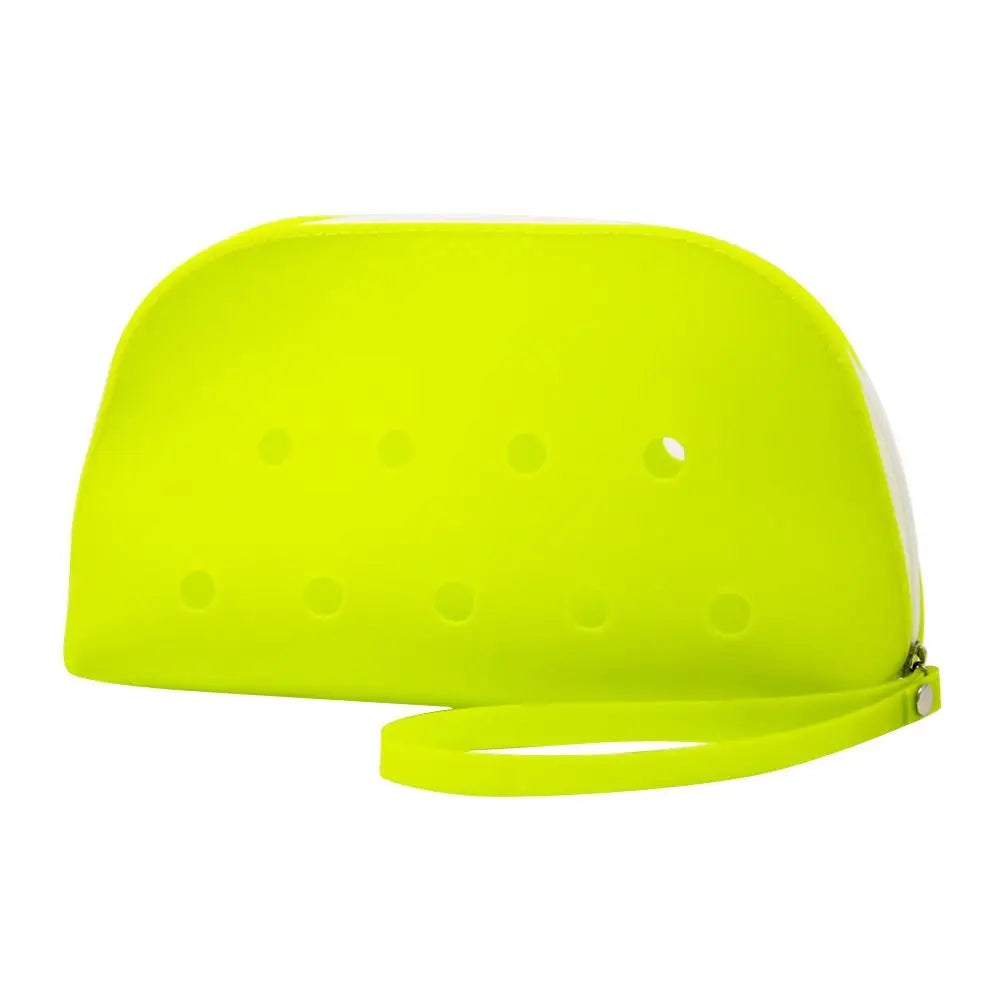 Lime green silicone coin pouch with multiple drainage holes.
