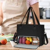 A black insulated 2-in-1 lunch tote bag is shown open, revealing various food items and a laptop sleeve.