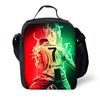 A black backpack featuring a graphic of a soccer player in a red and green field.