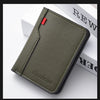 A dark olive green ultra-thin PU leather credit card wallet with a red accent on the corner.