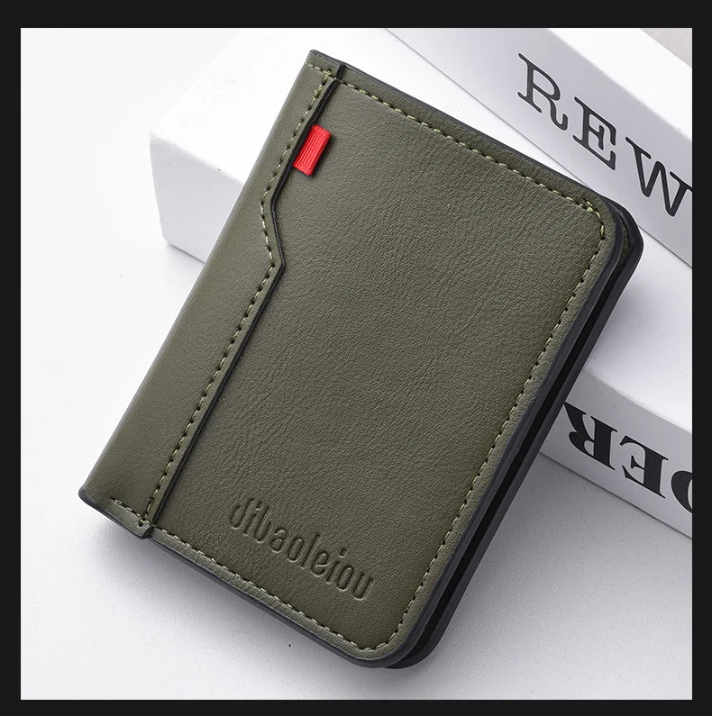 A dark olive green ultra-thin PU leather credit card wallet with a red accent on the corner.