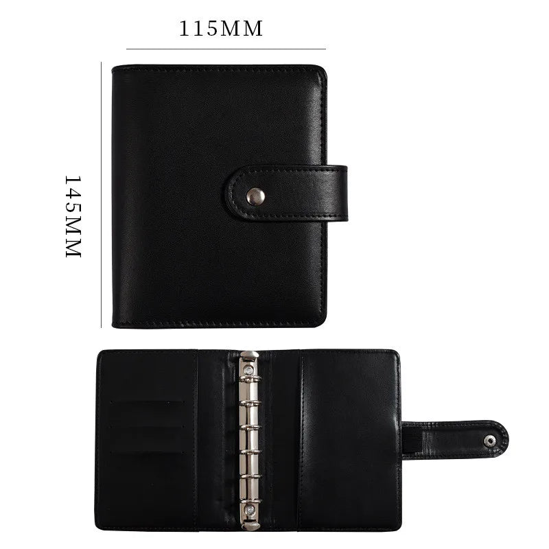 Black leather A7 crocodile ring binder notebook shown in profile view
