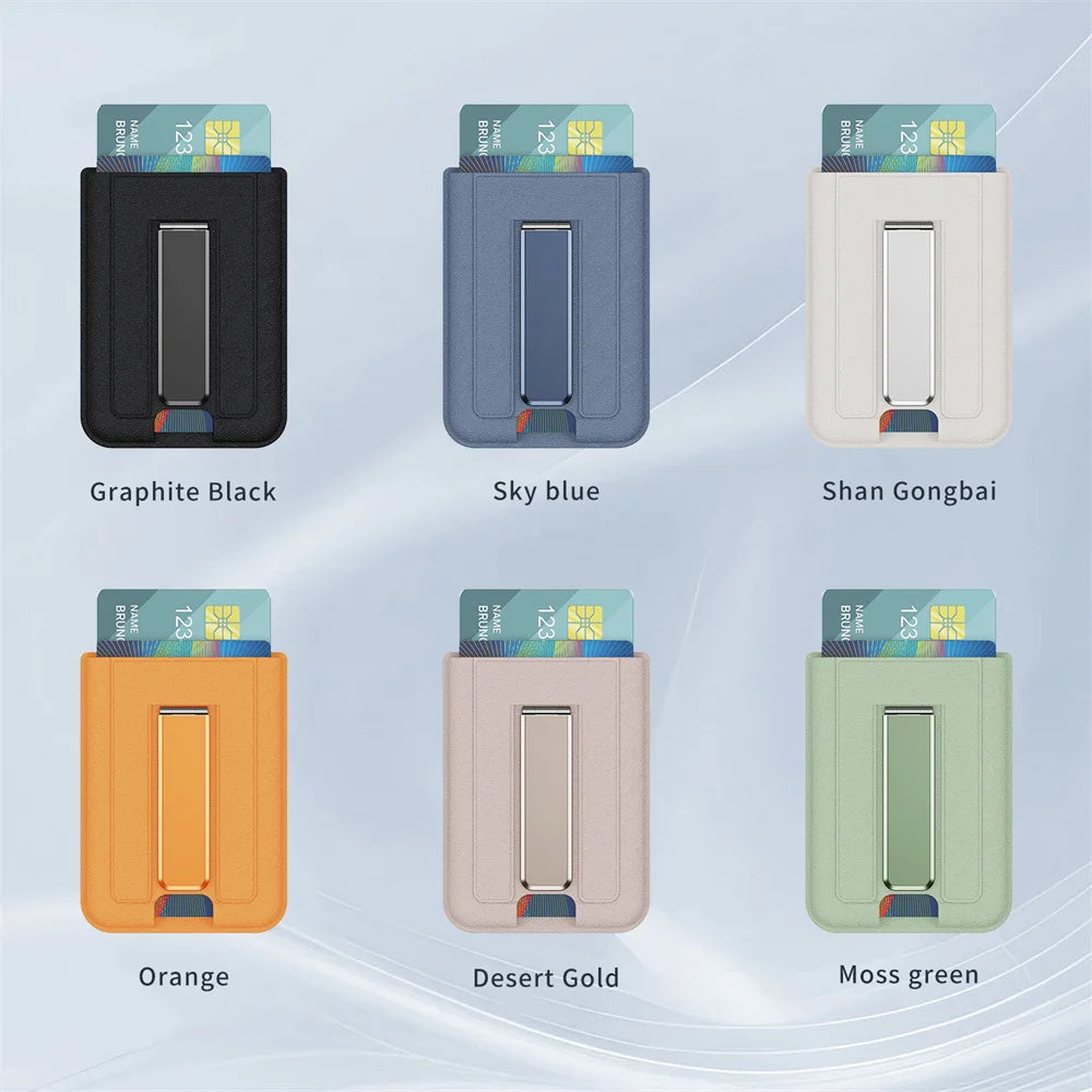 A collection of magnetic PU leather phone wallets in various colors including Graphite Black, Sky blue, Shan Gongbai, Orange,
