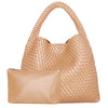 A beige handwoven faux leather tote bag and matching clutch.