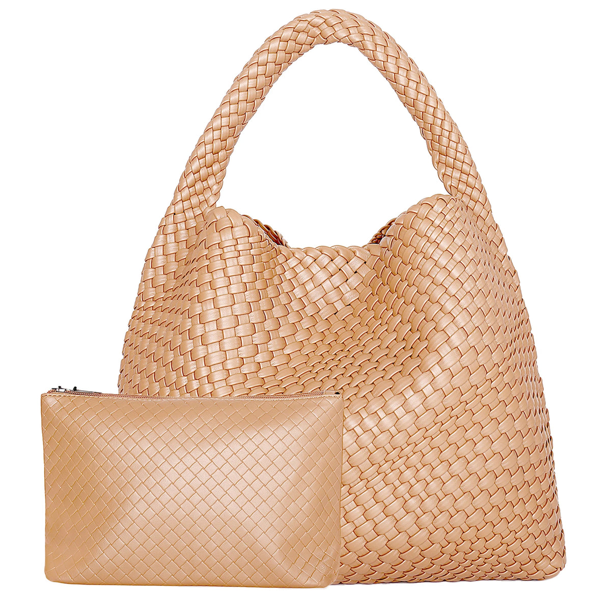 A beige handwoven faux leather tote bag and matching clutch.