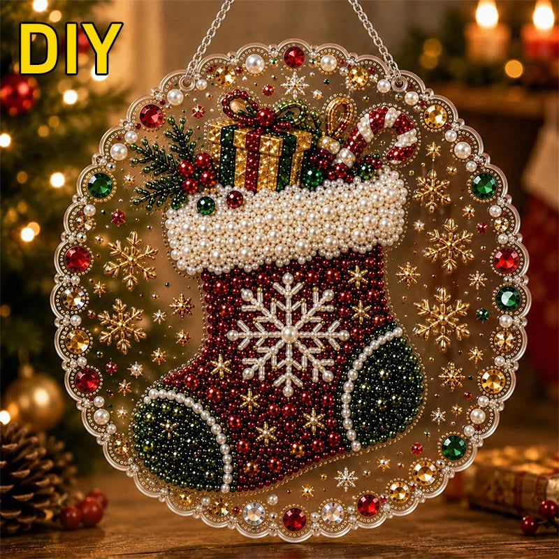 A decorative Christmas stocking shape made of clear resin and glitter, featuring red fabric, white pearls, and gold accents.