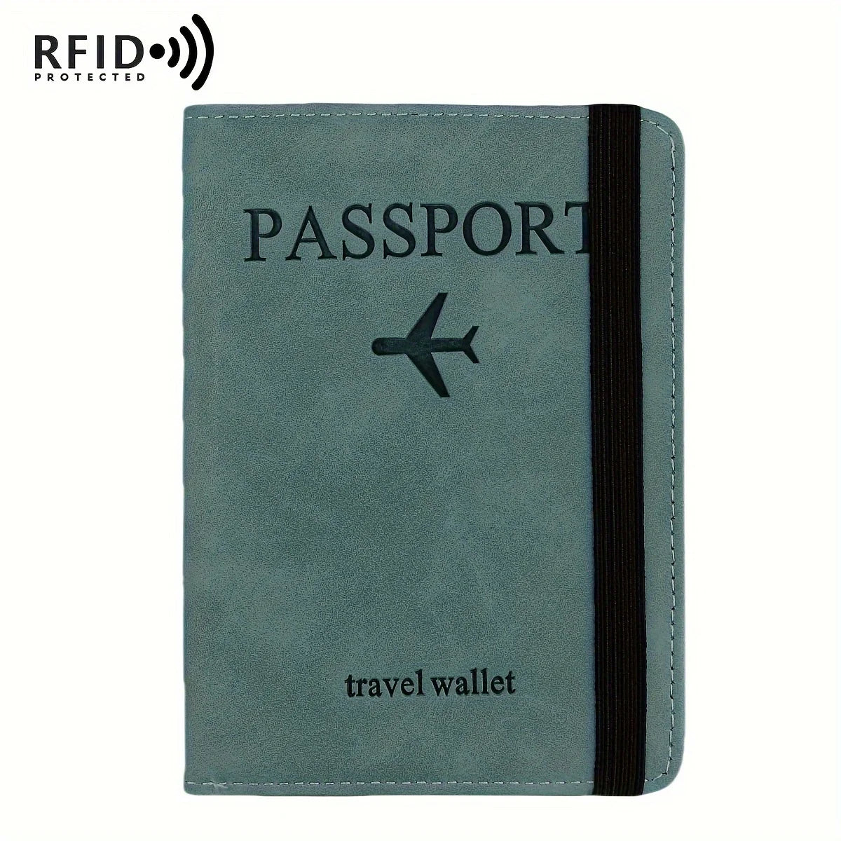 A dark teal leather passport holder with a black stripe and an airplane emblem.