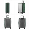 A silver and dark green waterproof luggage protector cover shown in various suitcase forms.