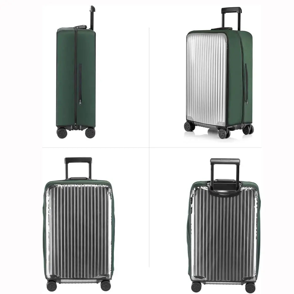 A silver and dark green waterproof luggage protector cover shown in various suitcase forms.