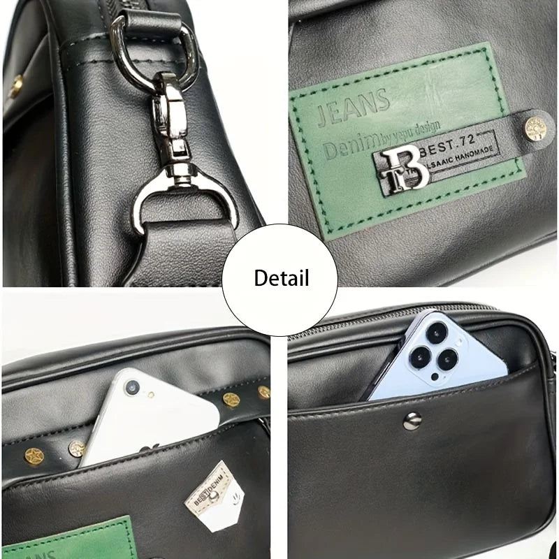 Black PU leather crossbody messenger bag featuring a green patch with denim branding and silver hardware.