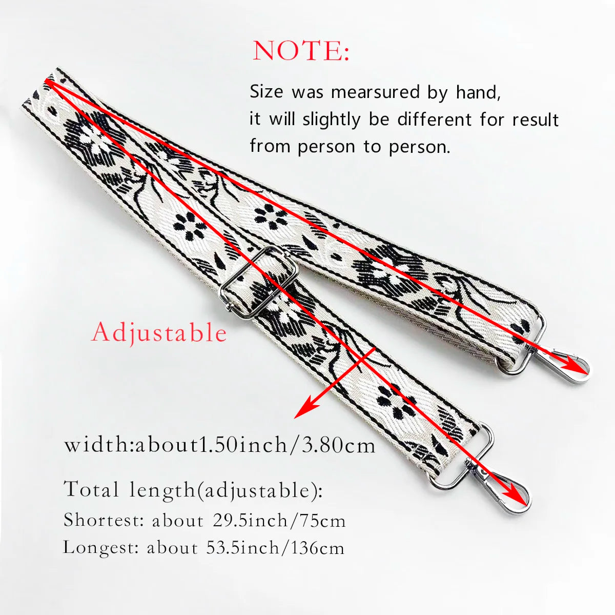 A close-up view of an adjustable sunflower jacquard crossbody bag strap with measurements and a note on size variation.