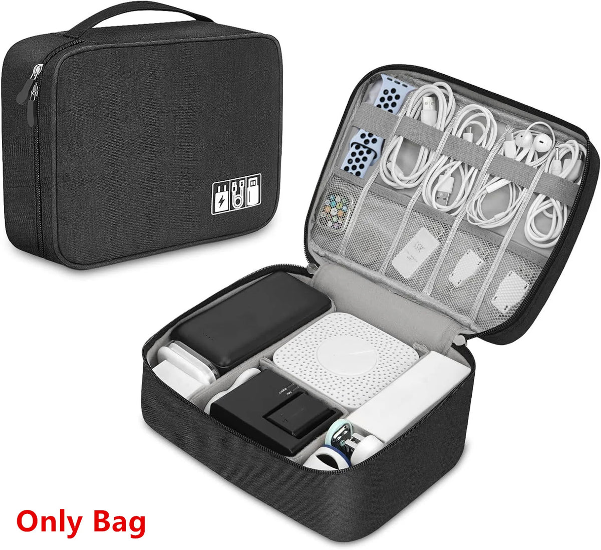 A black leather cable storage organizer bag with an open compartment showing various cables and accessories.