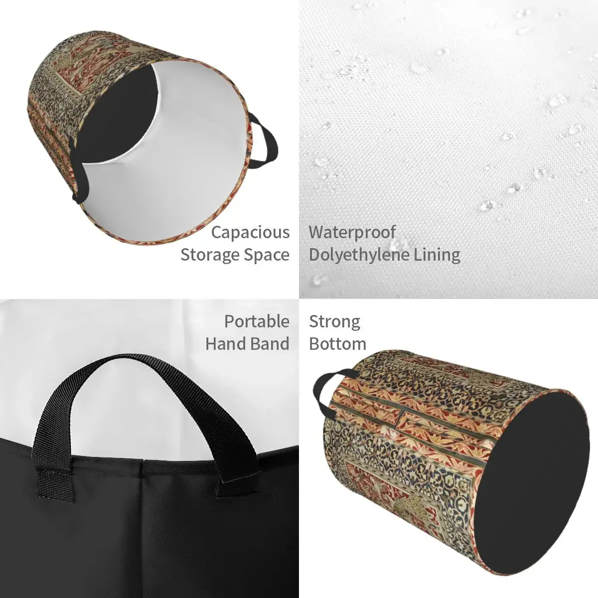 A vintage floral laundry hamper with a black handle and breathable fabric lining shown in various views.