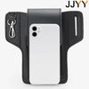 A black vintage leather waist bag with a belt clip is shown holding a white smartphone.
