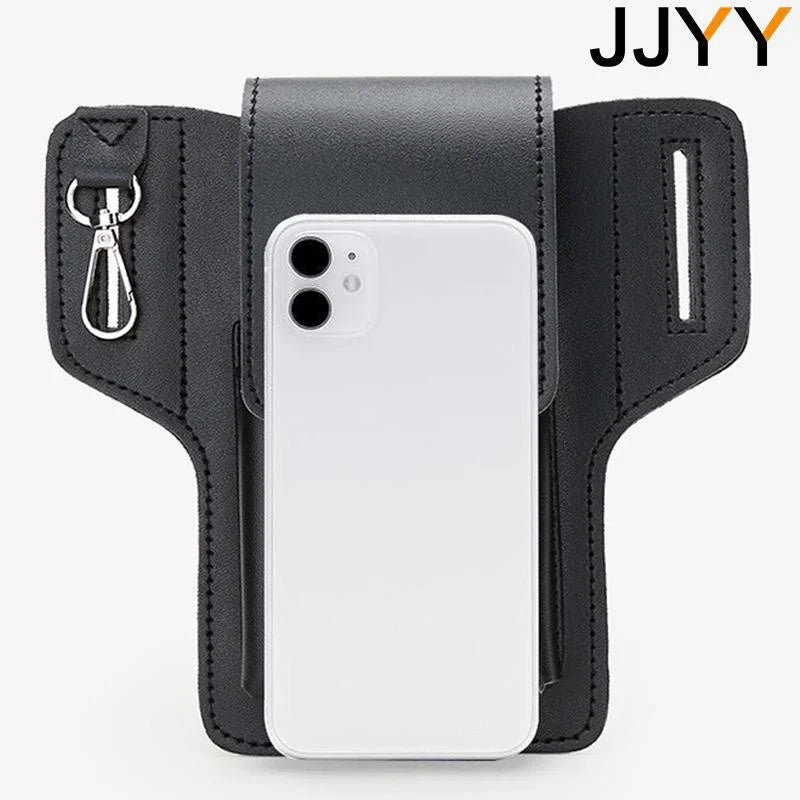 A black vintage leather waist bag with a belt clip is shown holding a white smartphone.