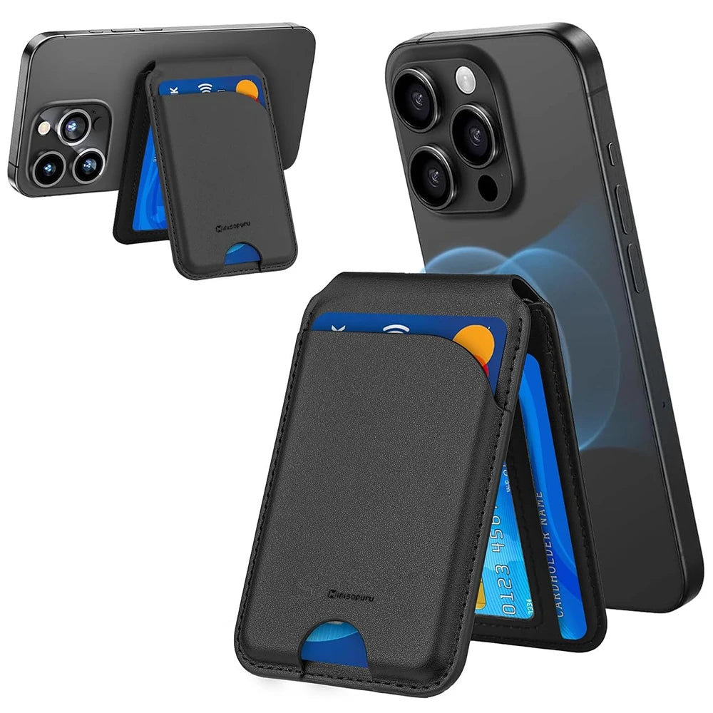 Support magnétique noir pour téléphone iPhone, montrant une coque et le téléphone.