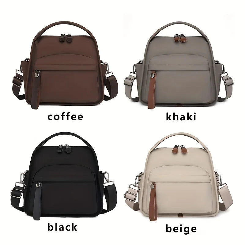 A set of five shoulder bags in different colors including coffee, khaki, black, and beige.