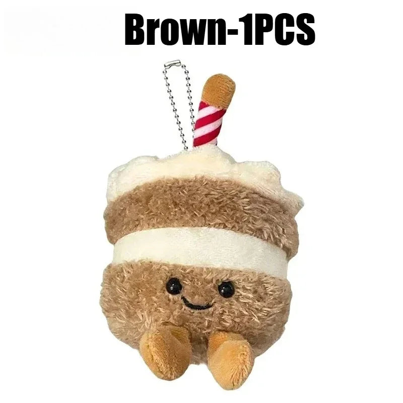 Brown realistic bread plush keychain with a striped straw and a small face.