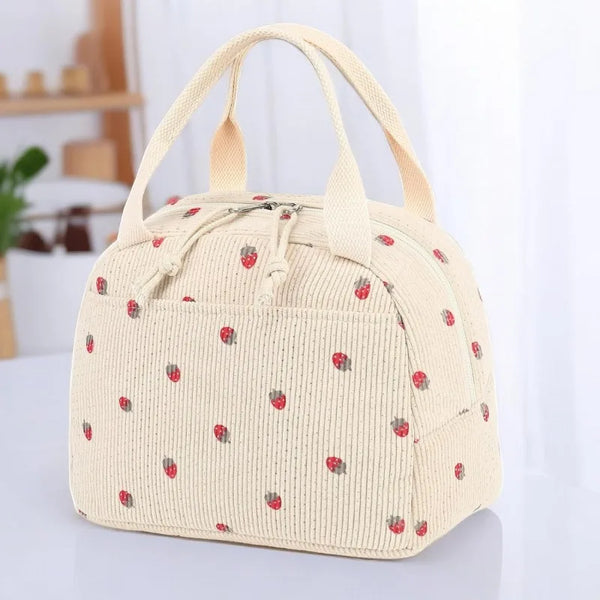 A beige corduroy lunch bag with a textured surface and small red strawberry patterns.