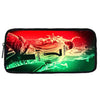 A black zippered pouch featuring a graphic of a soccer player in a dynamic pose with red and green flames.