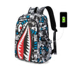 A black and white patterned waterproof anti-theft casual travel backpack with a green light attached.